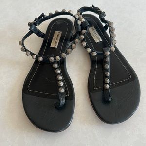Balenciaga. Navy leather silver stud flat sandal